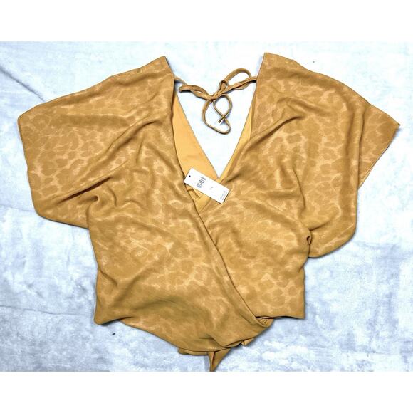 Anthropologie Current Air XS Tie Open Back Wrap Blouse Golden Leopard Print NWT - Picture 2 of 13